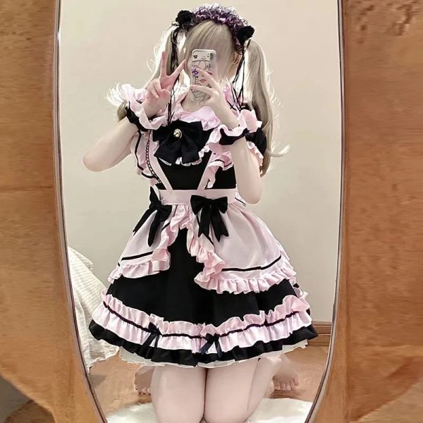 Gothic Black Pink Sweet Lolita Women's Maid Dress Bowknots