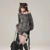 Gothic Graphic Off-Shoulder Buckle Long Sleeve Beige Gray Tee