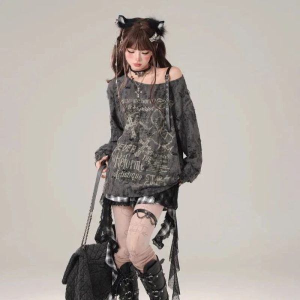 Gothic Graphic Off-Shoulder Buckle Long Sleeve Beige Gray Tee