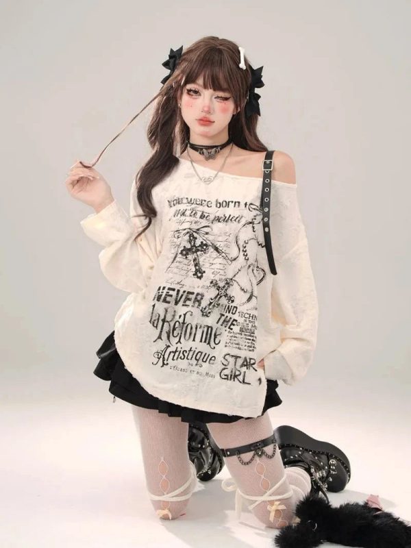 Gothic Graphic Off-Shoulder Buckle Long Sleeve Beige Gray Tee