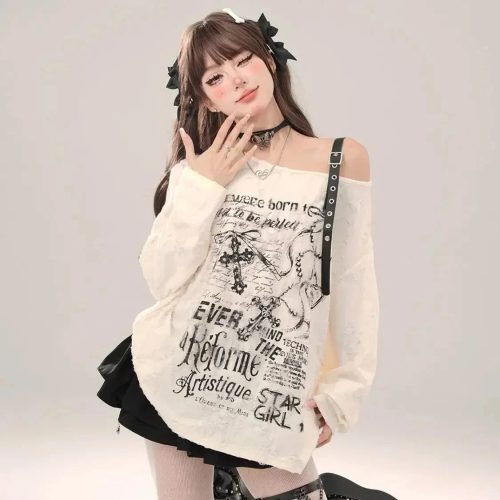 Gothic Graphic Off-Shoulder Buckle Long Sleeve Beige Gray Tee