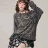 Gothic Graphic Off-Shoulder Buckle Long Sleeve Beige Gray Tee