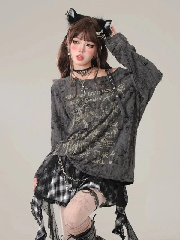 Gothic Graphic Off-Shoulder Buckle Long Sleeve Beige Gray Tee