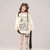 Gothic Graphic Off-Shoulder Buckle Long Sleeve Beige Gray Tee