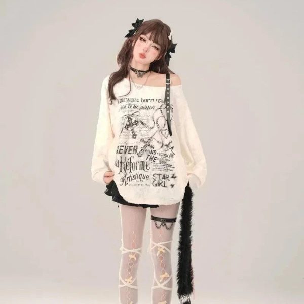 Gothic Graphic Off-Shoulder Buckle Long Sleeve Beige Gray Tee