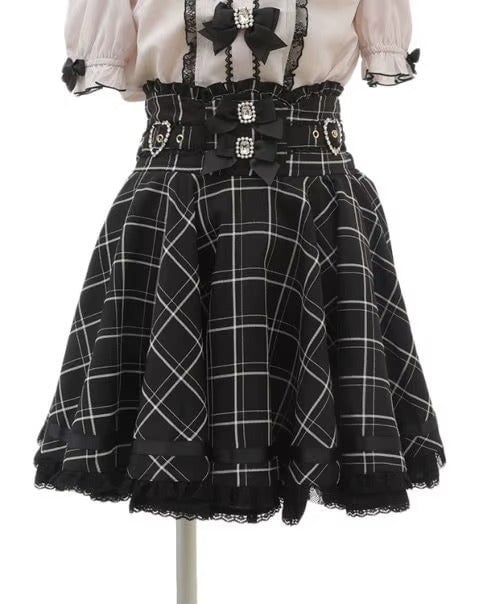 Gothic Heart Bow High Waist Black Plaid Skirt