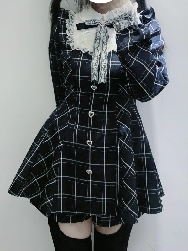 Harajuku Black Plaid Hearts Laced Lolita Women's Dress