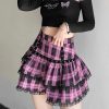 Harajuku Lolita Gothic Black Pink Laced Plaid Pleated Skirt