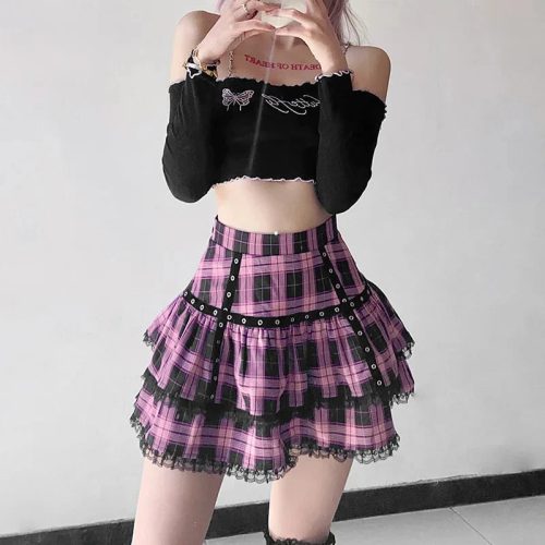 Harajuku Lolita Gothic Black Pink Laced Plaid Pleated Skirt
