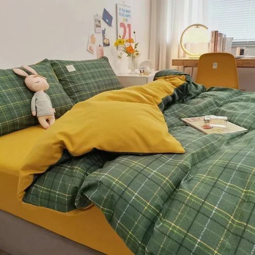 Green Two-Tone Checked Plaid Bedding Set