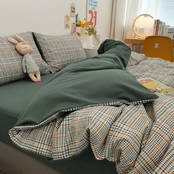 Green Two-Tone Checked Plaid Bedding Set