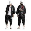 Japanese Black White Mountains Dragon Mens Two-Piece Kimono Yukata Top & Pants Sets