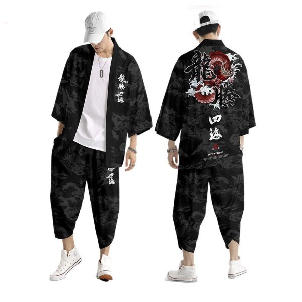 Japanese Black White Mountains Dragon Mens Two-Piece Kimono Yukata Top & Pants Sets