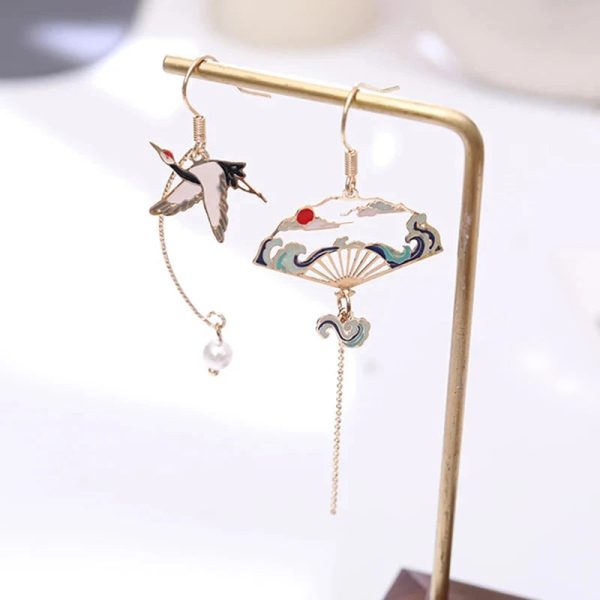 Celestial Japanese Crane Fan Earrings