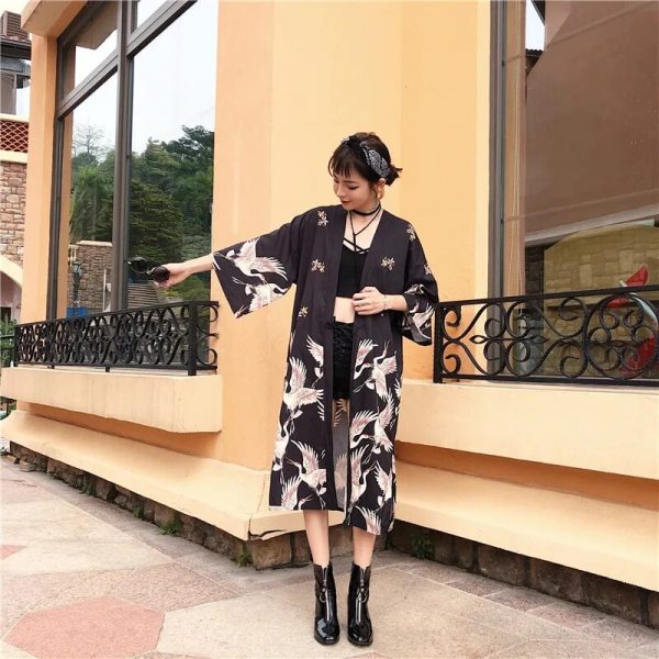 Japanese Crane Print Long Kimono