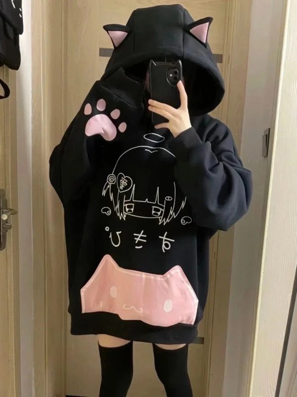 Japanese Harajuku Gothic Cat Black Pink Hoodie