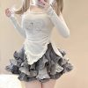 Japanese Harajuku Gray White Bunny Ruffled Skirt Top