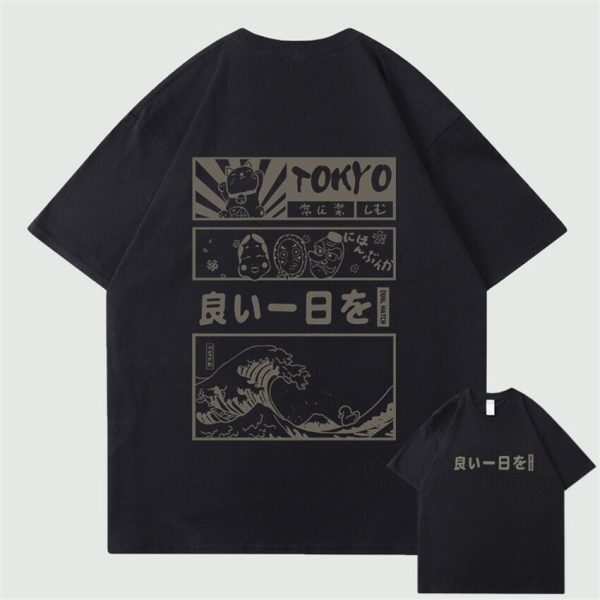 Japanese Kanji Wave Masks Lucky Cat Cotton Tee Set 1