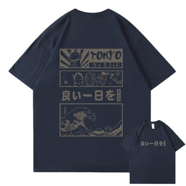 Japanese Kanji Wave Masks Lucky Cat Cotton Tee Set 1