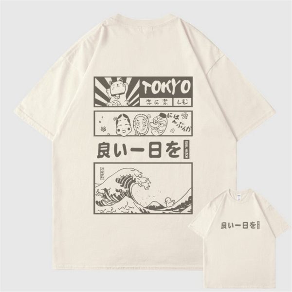 Japanese Kanji Wave Masks Lucky Cat Cotton Tee Set 1