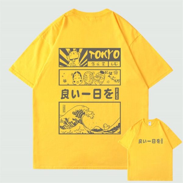 Japanese Kanji Wave Masks Lucky Cat Cotton Tee Set 1