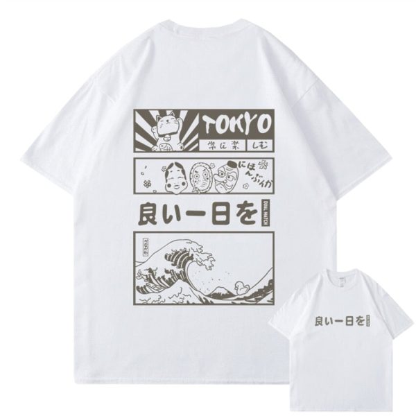 Japanese Kanji Wave Masks Lucky Cat Cotton Tee Set 1