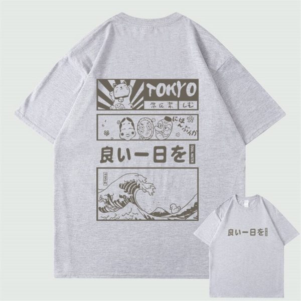Japanese Kanji Wave Masks Lucky Cat Cotton Tee Set 1