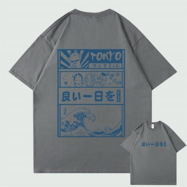 Japanese Kanji Wave Masks Lucky Cat Cotton Tee Set 1