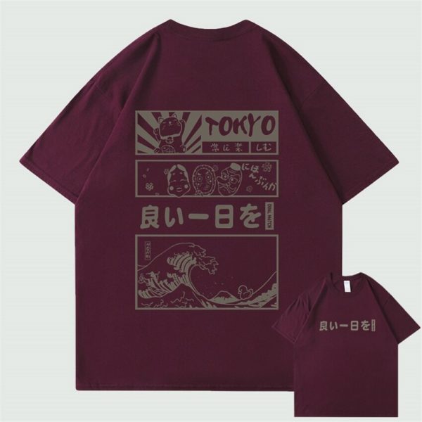 Japanese Kanji Wave Masks Lucky Cat Cotton Tee Set 2