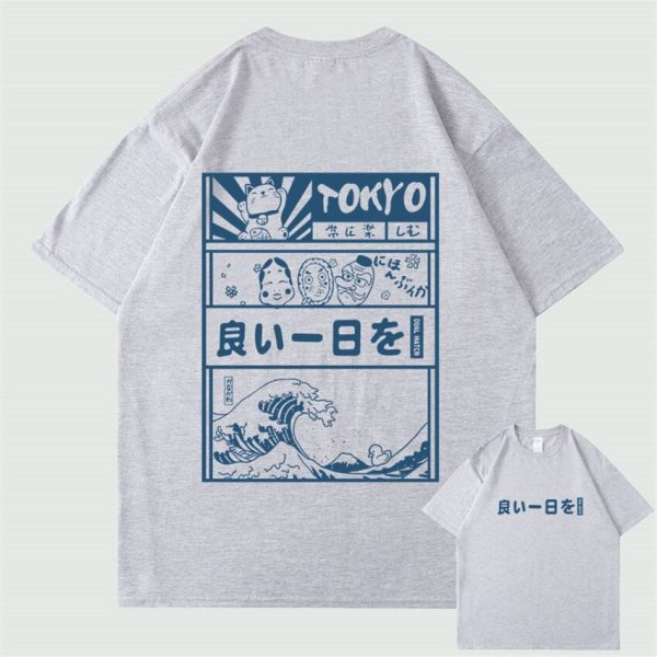 Japanese Kanji Wave Masks Lucky Cat Cotton Tee Set 2