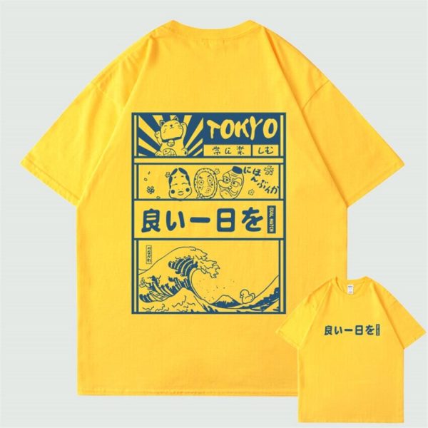 Japanese Kanji Wave Masks Lucky Cat Cotton Tee Set 2