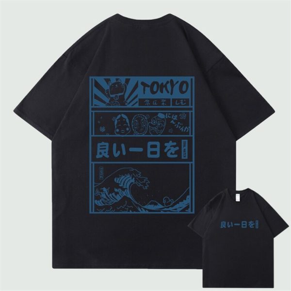 Japanese Kanji Wave Masks Lucky Cat Cotton Tee Set 2