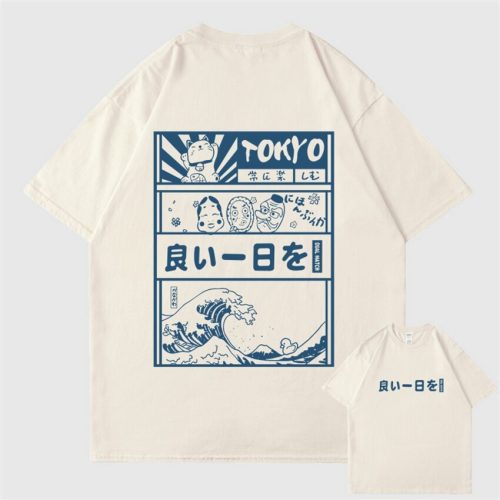 Japanese Kanji Wave Masks Lucky Cat Cotton Tee Set 2