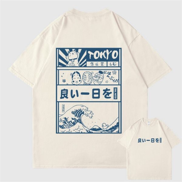 Japanese Kanji Wave Masks Lucky Cat Cotton Tee Set 2