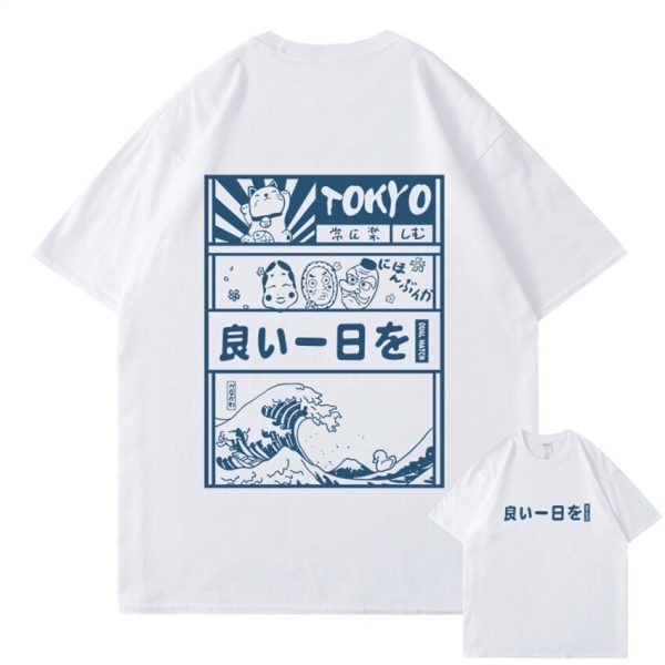 Japanese Kanji Wave Masks Lucky Cat Cotton Tee Set 2