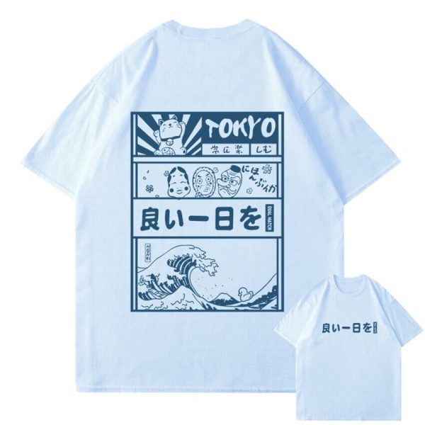 Japanese Kanji Wave Masks Lucky Cat Cotton Tee Set 2