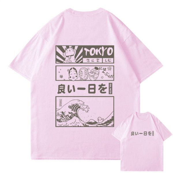 Japanese Kanji Wave Masks Lucky Cat Cotton Tee Set 2