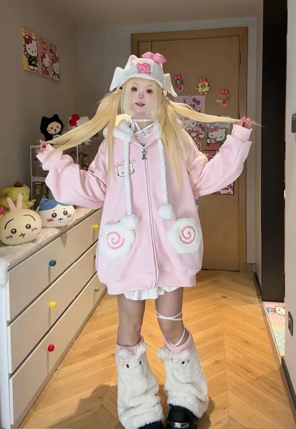 Japanese Kawaii Fluffy Pink Yellow Cat Zip-Up Jacket