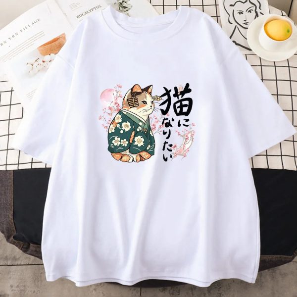 Japanese Kimono Cat Sakura Kanji Unisex Tee