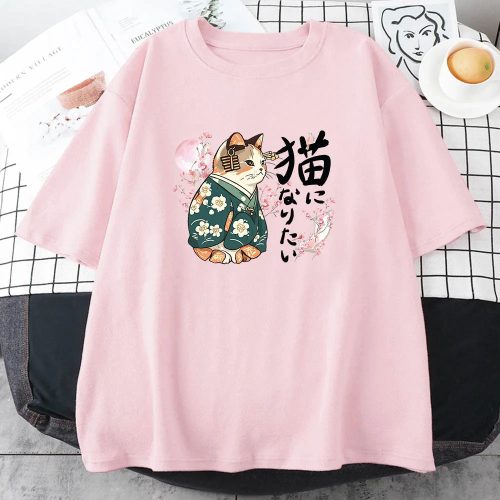 Japanese Kimono Cat Sakura Kanji Unisex Tee