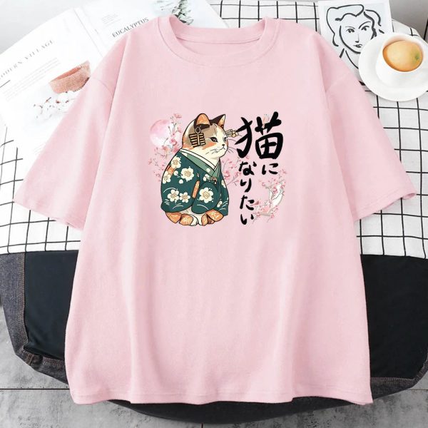 Japanese Kimono Cat Sakura Kanji Unisex Tee