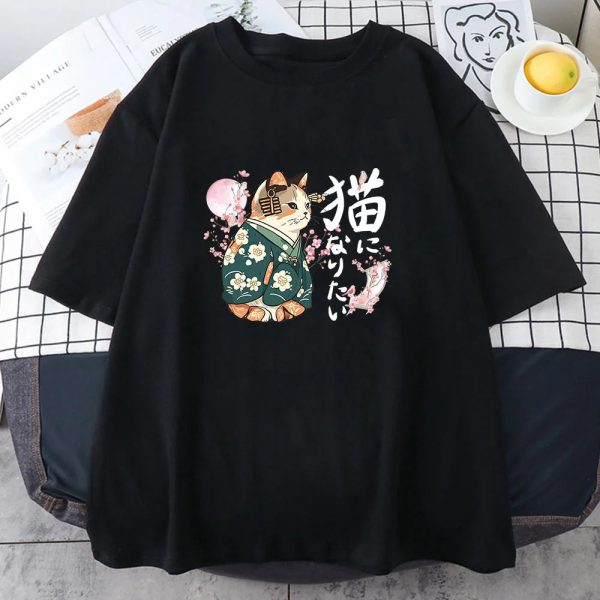 Japanese Kimono Cat Sakura Kanji Unisex Tee