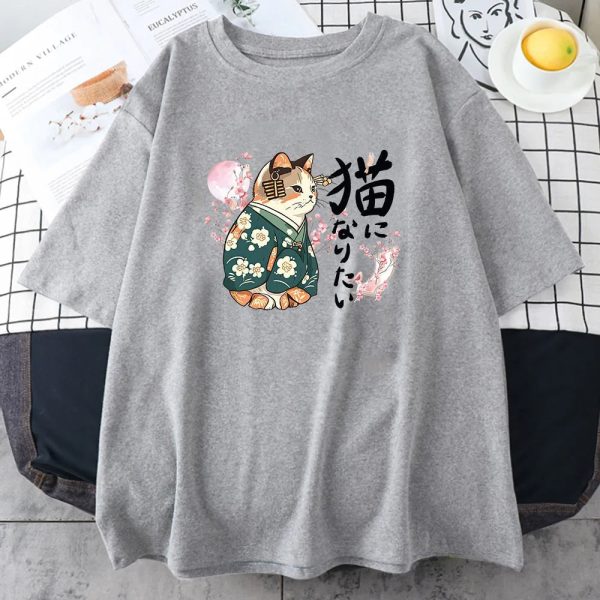 Japanese Kimono Cat Sakura Kanji Unisex Tee