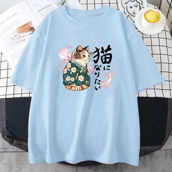 Japanese Kimono Cat Sakura Kanji Unisex Tee