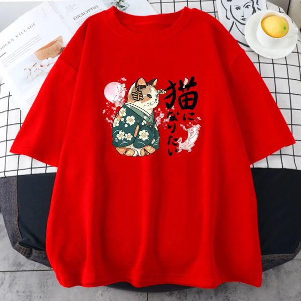 Japanese Kimono Cat Sakura Kanji Unisex Tee