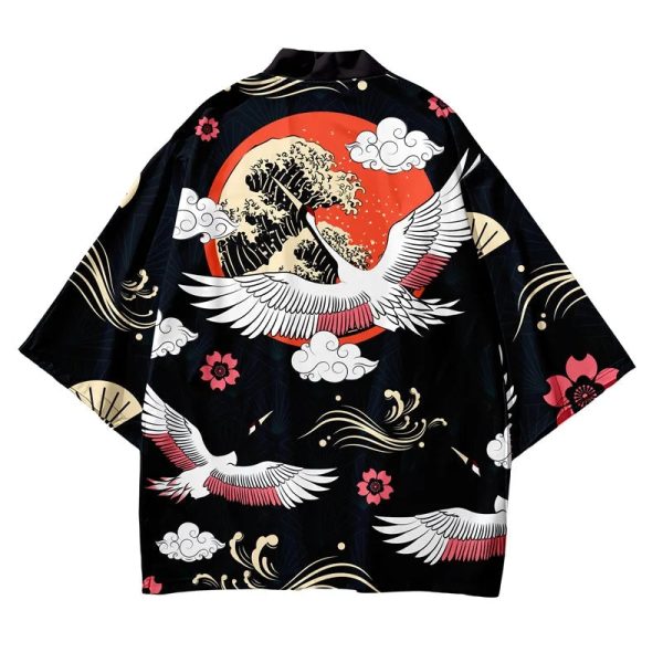 Japanese-themed Cranes Mt Fuji Navy Sun Black Unisex Kimonos