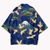 Japanese-themed Cranes Mt Fuji Navy Sun Black Unisex Kimonos