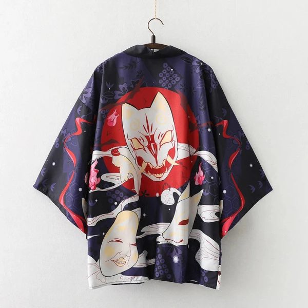 Japanese-themed Red Navy Samurai Cat Mask Unisex Kimono