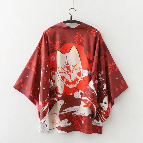Japanese-themed Red Navy Samurai Cat Mask Unisex Kimono