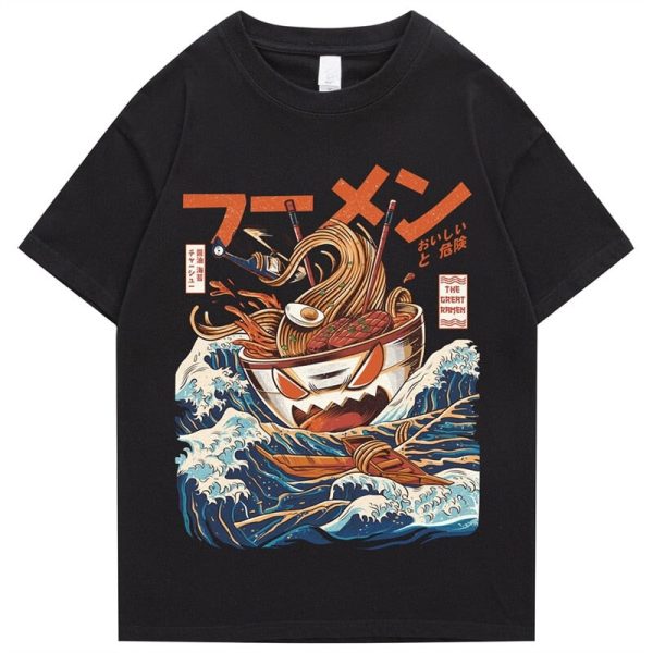 Japanese-theme Flaming Hot Noodles Great Waves Unisex Tee